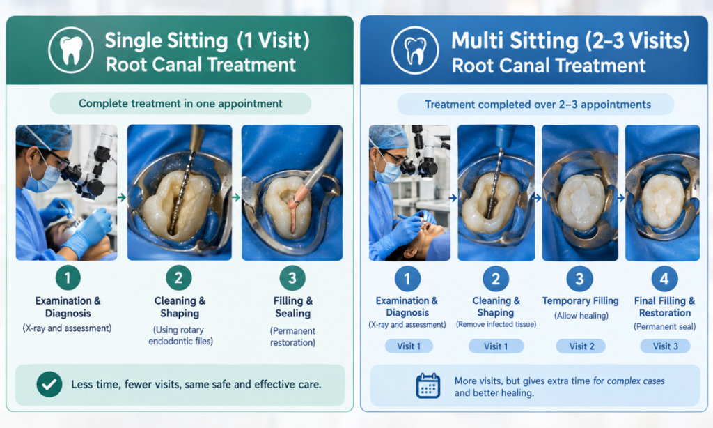 Dentist explaining the single-sitting and multi-sitting root canal treatment process.