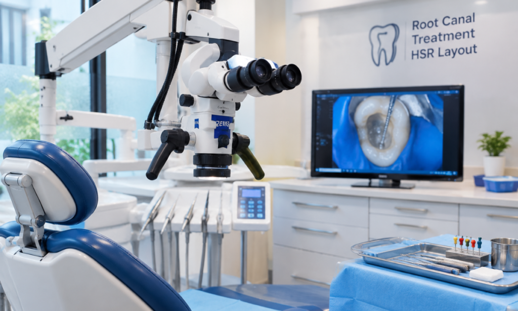 Dentist performing single-sitting root canal treatment in HSR Layout.