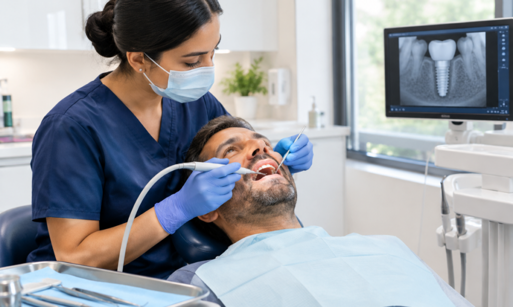 Professional dental implant cleaning during a routine clinic visit.