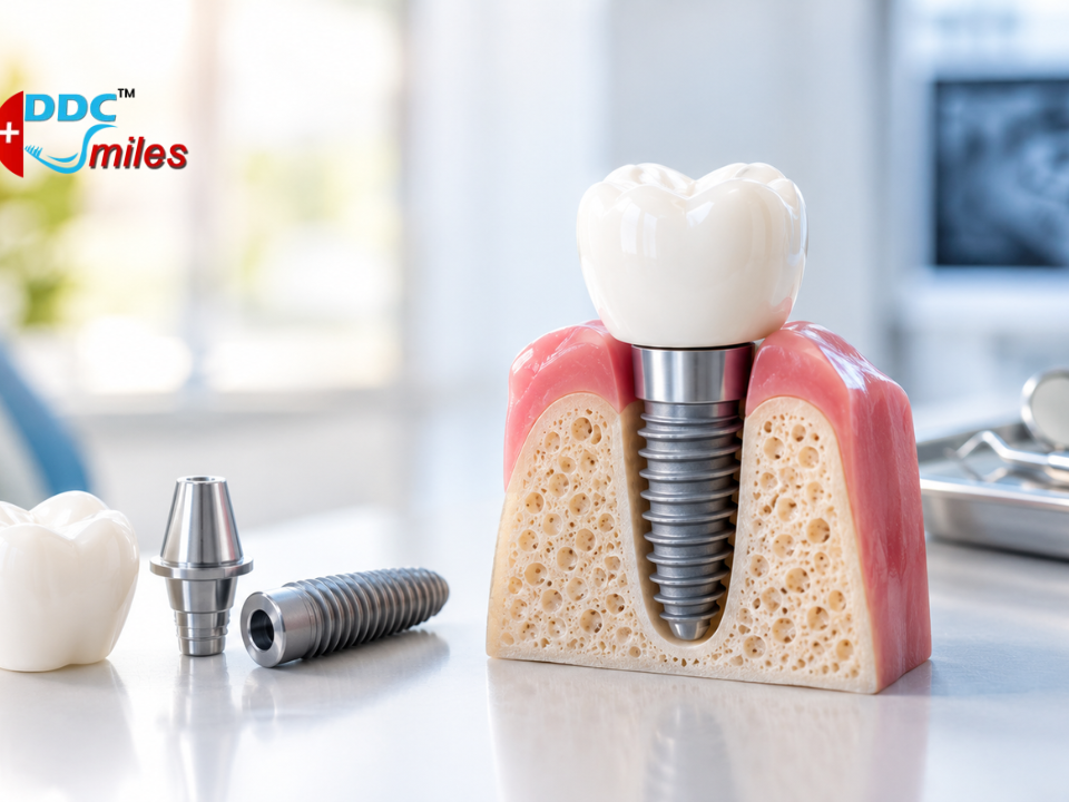 Dental implants shown in a patient’s mouth during a dental consultation