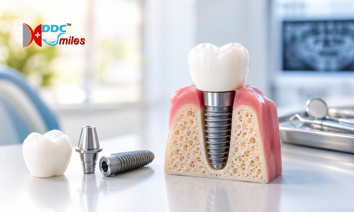 Dental implants shown in a patient’s mouth during a dental consultation