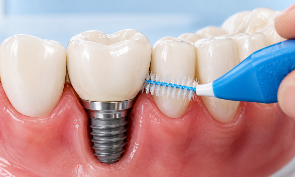 Daily home care routine for maintaining healthy dental implants.