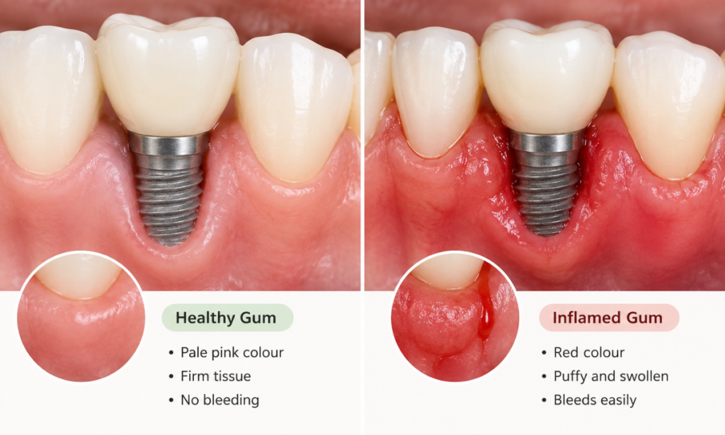 Warning signs of dental implant complications requiring professional attention.