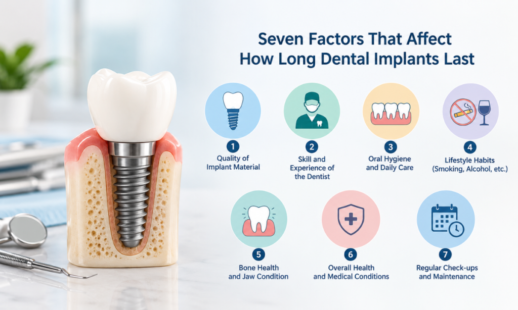 Dental implant factors that influence durability and long-term success.