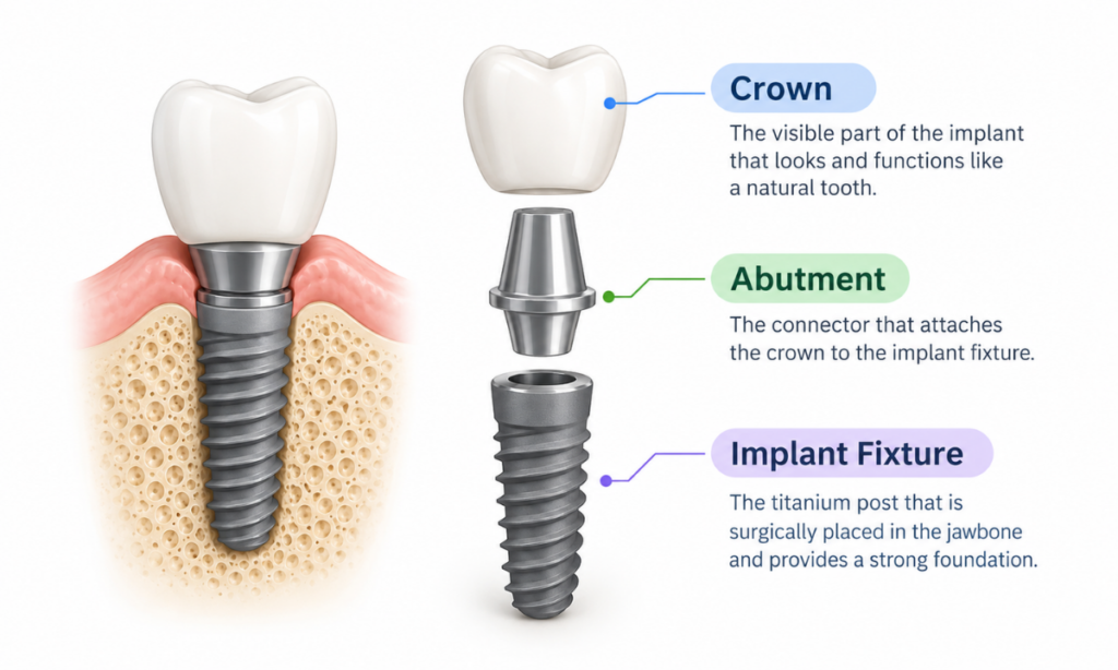 Dental implant showing a durable titanium post supporting a replacement tooth.
